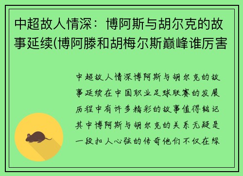 中超故人情深：博阿斯与胡尔克的故事延续(博阿滕和胡梅尔斯巅峰谁厉害)
