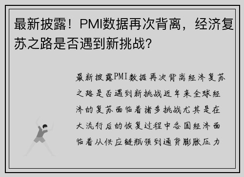 最新披露！PMI数据再次背离，经济复苏之路是否遇到新挑战？